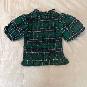 Janie and Jack Ferry Green Plaid Smocked Balloon Sleeve Blouse